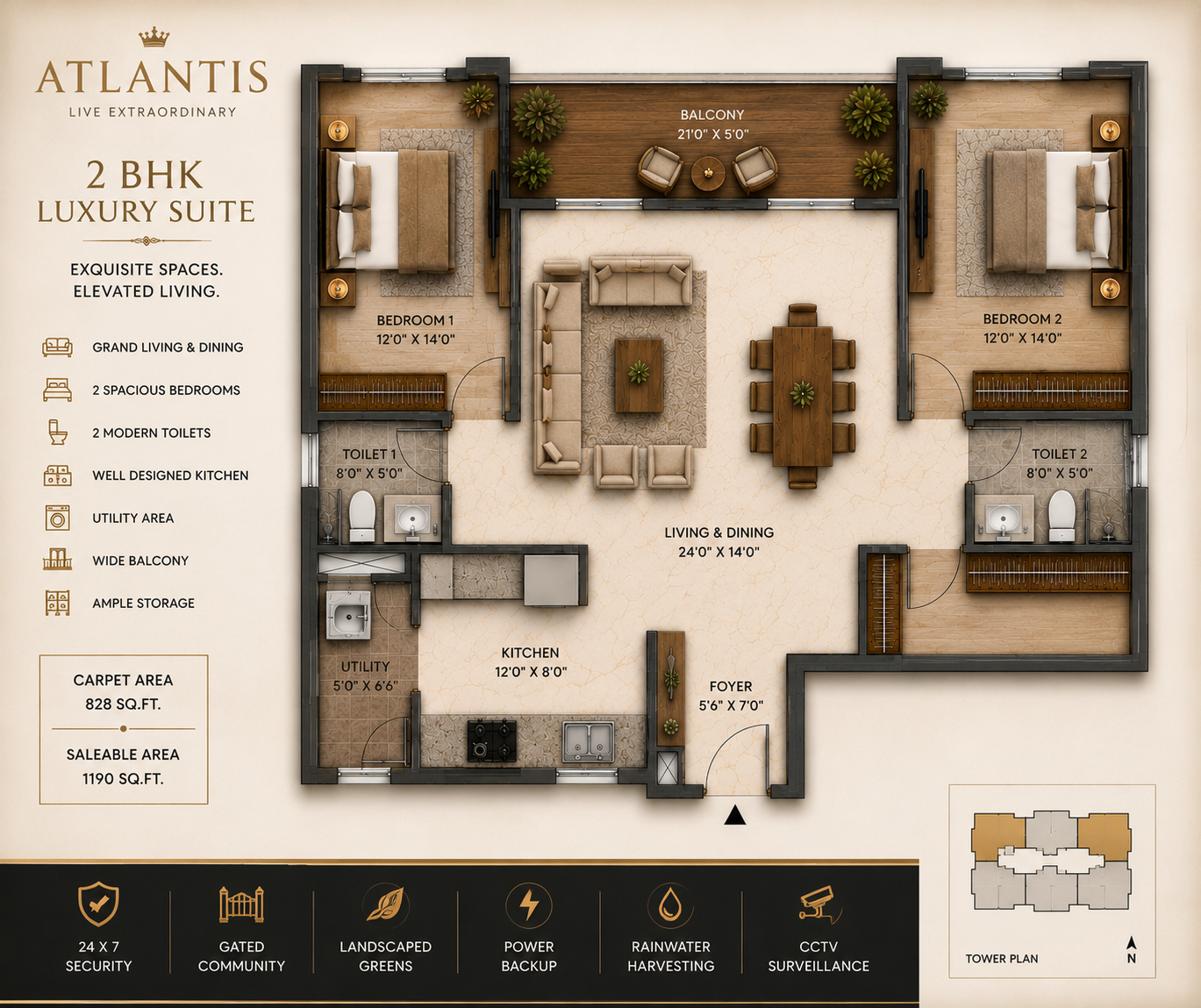 2 BHK floor plan — The Marq by Atlantis