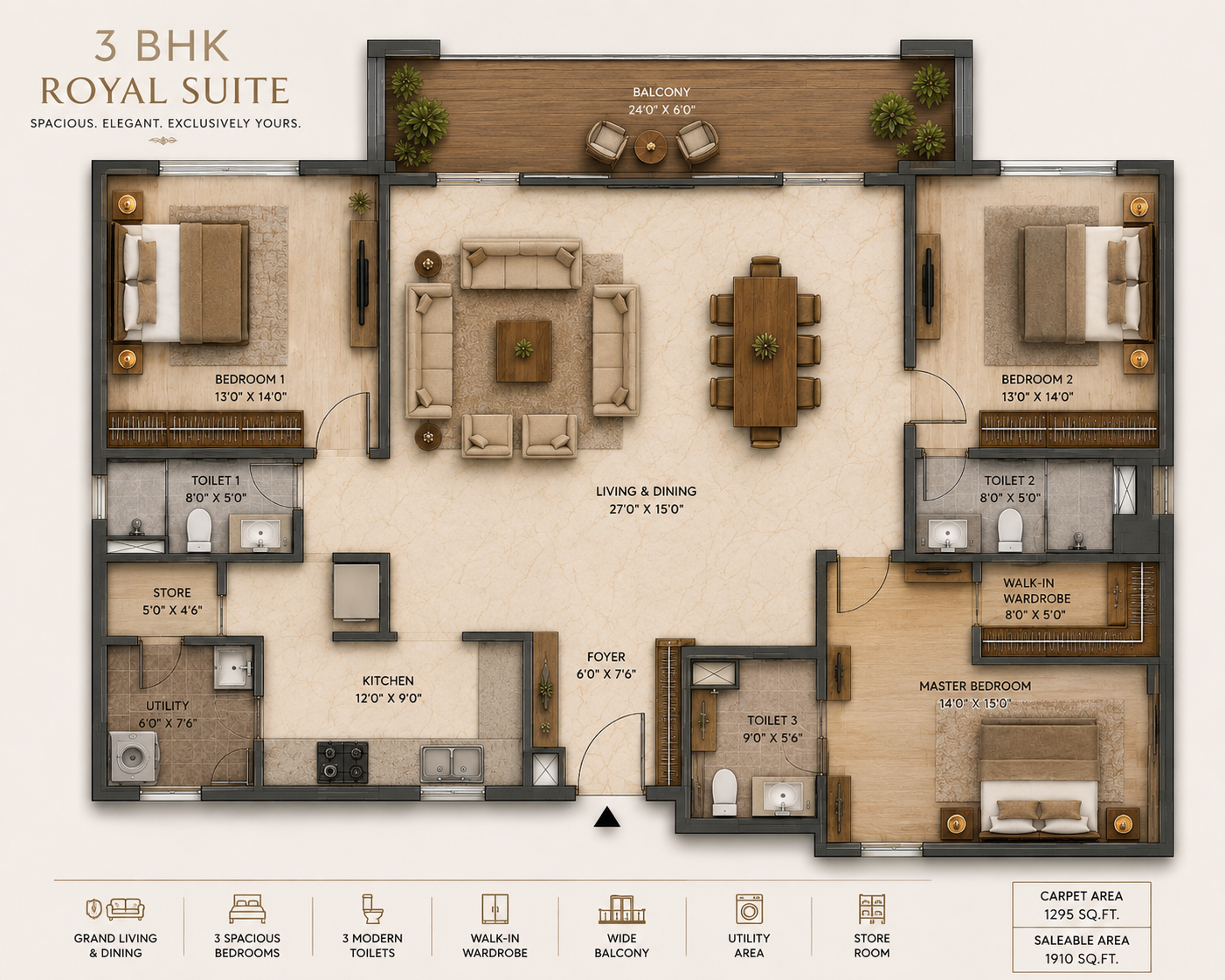 3 BHK floor plan — The Marq by Atlantis